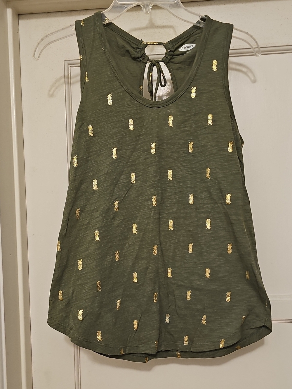 Old Navy Olive Green Tank Top with Metallic Gold Pineapple Accents